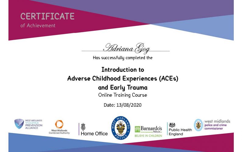 Adriana Gog - Certificat pentru cursul online "Adverse Childhood Experiences and Early Trauma"